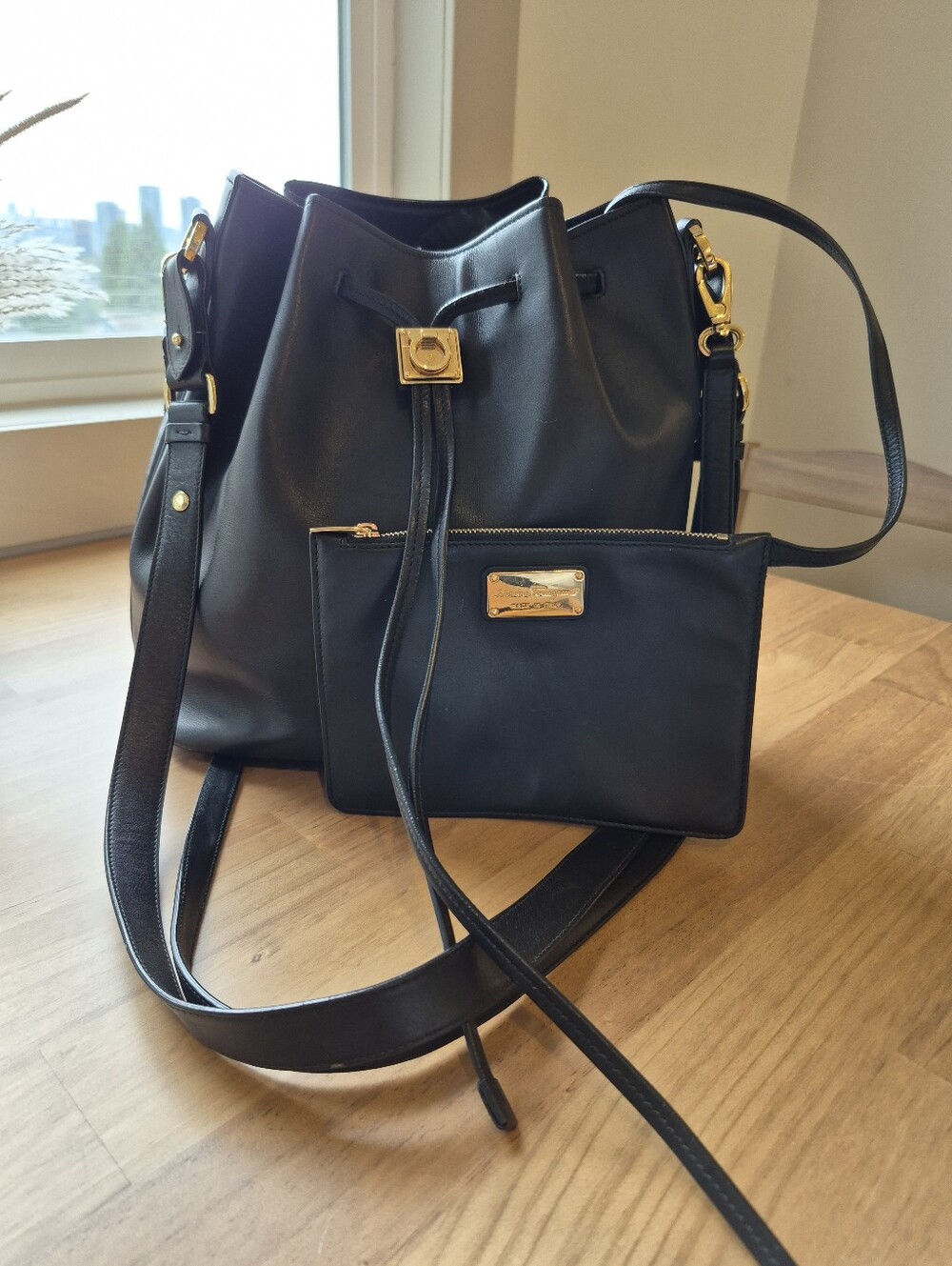 Salvatore Ferragamo Black Leather Bucket Shoulder Bag